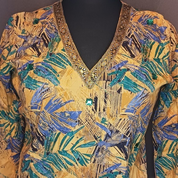 Gold & Gem Embellished Tunic Top Floral Print Indian Bohemian Style‎ Cover Up M - Picture 3 of 7